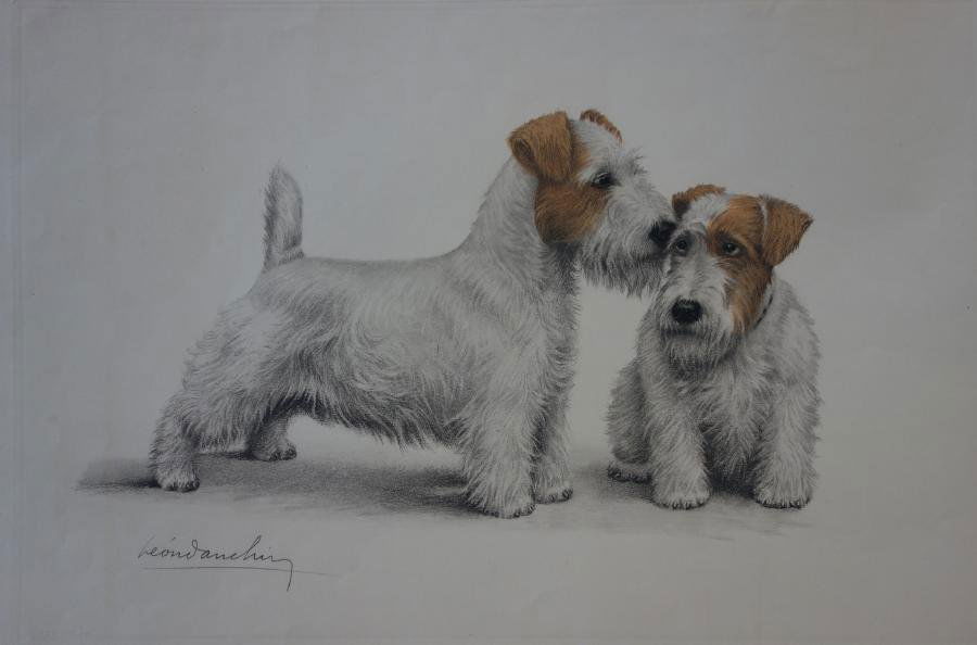 Leon Danchin (1887-1938) Terrier Etching: Unframed etching by Leon Danchin (French 1887-1938). The image of the two terriers measures 18.5" x 12.25". Overall measurement of the sheet, 18.5" x 24.75". On Rives BFK paper. Pencil signed.