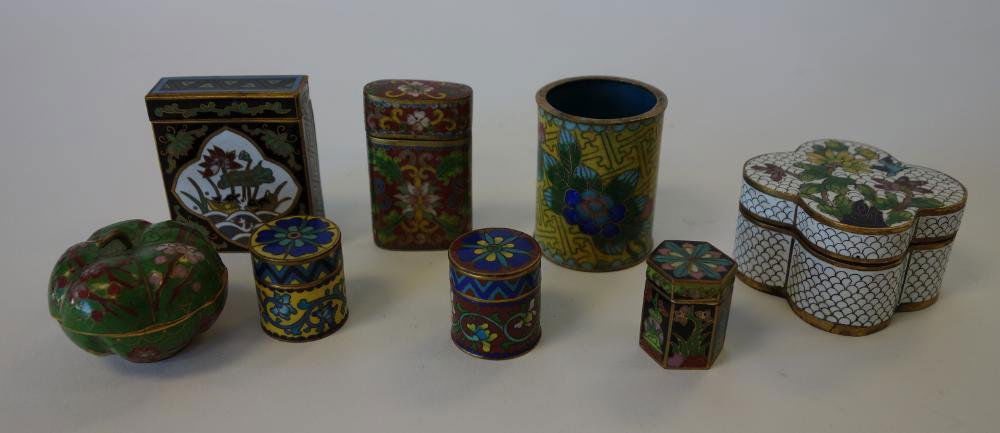 Chinese Cloisonne Boxes & Toothpick Holder: A grouping of seven Chinese miniature cloisonne boxes. The tallest measuring 2" high. Together with a cloisonne toothpick or match holder measuring 1-7/8" high and 1.5" in diameter.