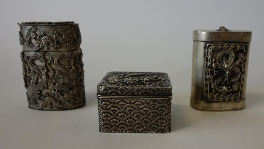 3 Chinese Silver Boxes, Dragon & Frog Motif, signd: Three Chinese boxes. Comprised of a sterling square box with raised stylized dragon on the lid and a geometric wave pattern on the sides. Signed on the undersize with a Maker's mark. Velvet lined inte
