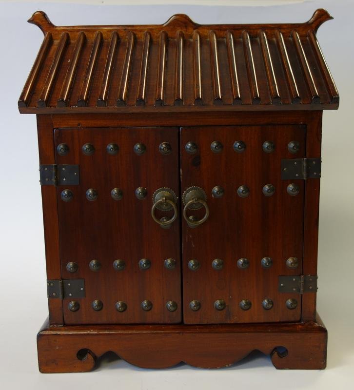 Chinese Table Top Altar Cabinet: Chinese table top wood altar cabinet. Measures 18.5" high, 17" wide and 10.75" deep.