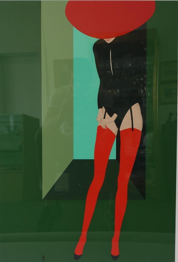 A. Dalacoste "Red Stockings": Framed lithograph, Signed A. Dalacoste. Depicts a woman in a red hat adjusting the garter on her red nylon stockings. Edition numbered 90/90. Pencil signed lower right. Sight measurement, 33" x 23.5".