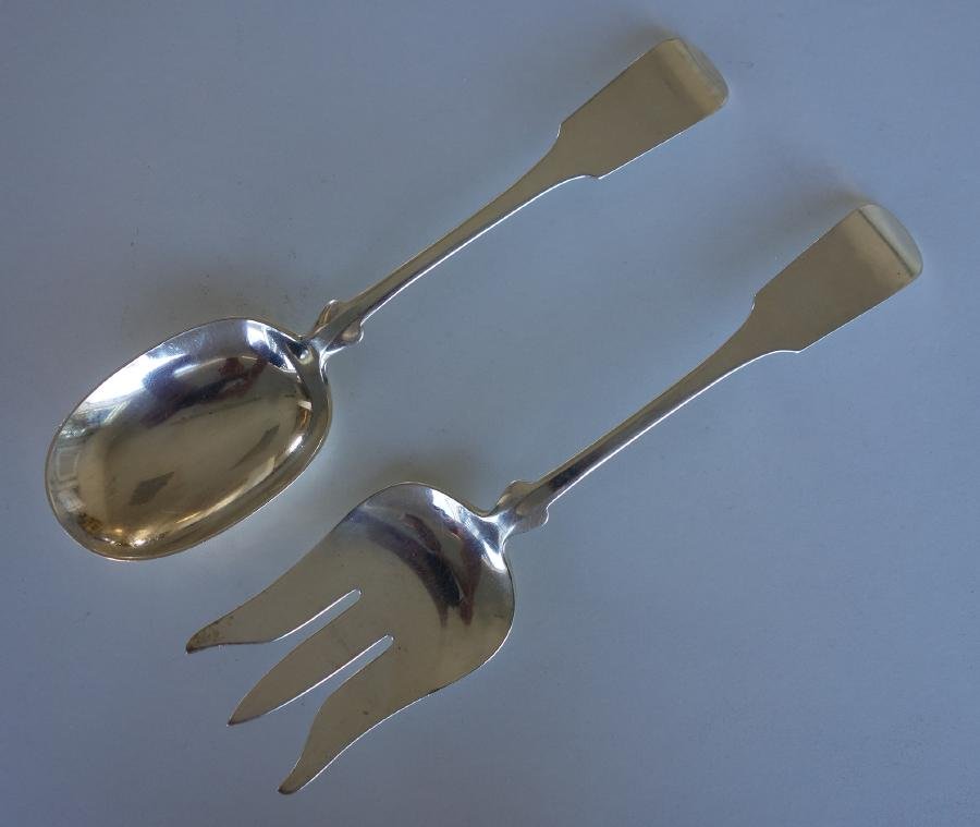 Porter Blanchard Sterling Salad Servers: Arts & Crafts sterling silver salad set, comprised of a serving spoon and serving fork. By Porter Blanchard in the Chino pattern, c.1930. Measuring 10" and 9.75" long. Overall weight of the two, 7.83