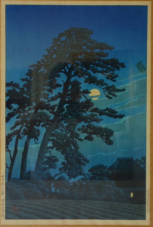 Kawase Hasui (1883-1957) Moon at Umagome Woodblock: Framed woodblock by Kawase Hasui. Titled Full Moon Over Magone. Also known as Moon at Umagome (Hotei # 165) c.1930. Watanabe cartouche. Early impression. Signed. Sheet measurement 14.75" x 10". Framed