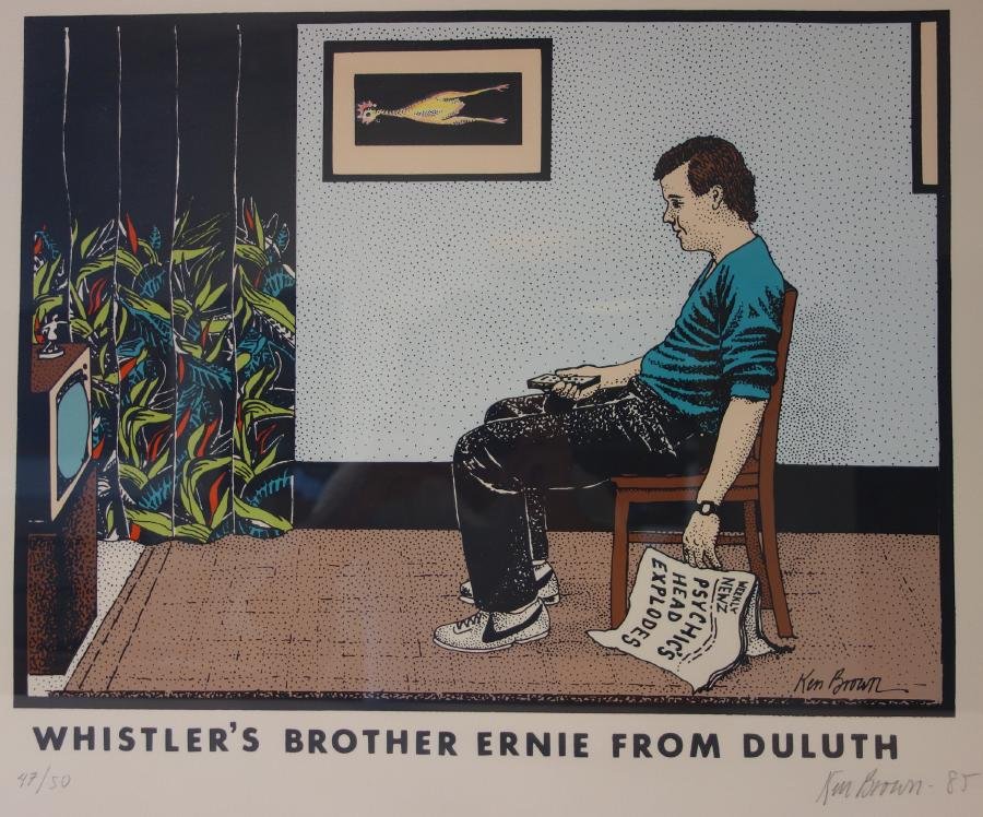 Ken Brown, Whistler's Brother Ernie From Duluth: Framed lithograph by artist Ken Brown (b-1944). Titled "Whistler's Brother Ernie From Duluth". Signed in the lithograph and also signed by the artist in pencil. Edition 47/50. Sight measurement 21.5" 