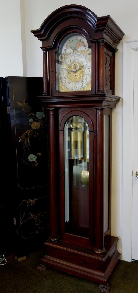 Bawo & Dotter 9 tube Mahogany Grandfather Clock: Mahogany grandfather clock by Bawo & Dotter. Late 19th/early 20th century. Hand painted moon phase over an ornate dial with forged numbers. Stamped B & D Limited on case and imported German works. The