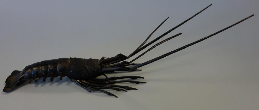 Japanese Articulated Iron Lobster, Signed, 15.25": A Japanese articulated lobster crustacean. Edo period. Well detailed iron lobster. Measures approximately 15.25" long. Signed on the underside.