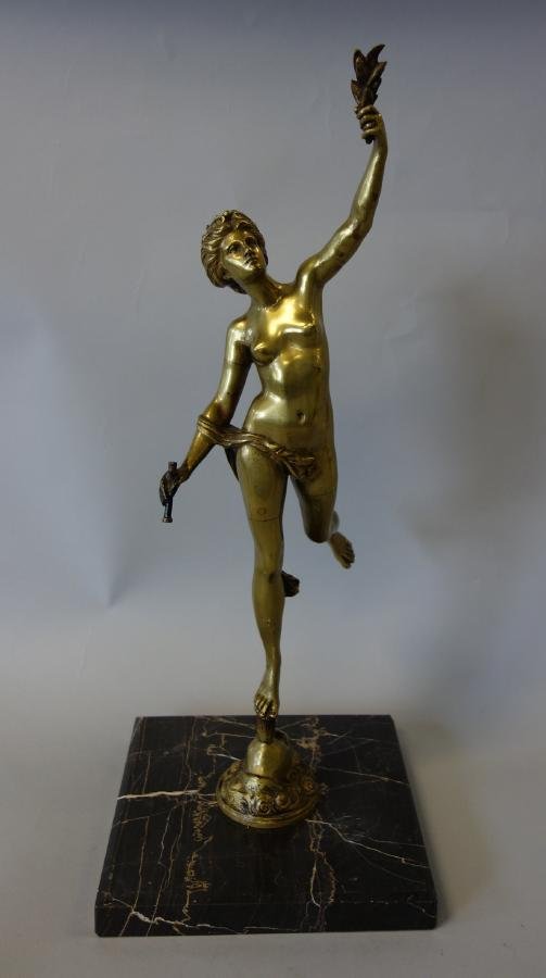 Giambologna Bronze of Atalanta, Signed: A 19thc bronze model of the Greek huntress Atalanta, after a bronze by Giambologna, also known as Jean De Bologne. Depicted in an active pose being blown upward by the breath of personified Wind. Sign