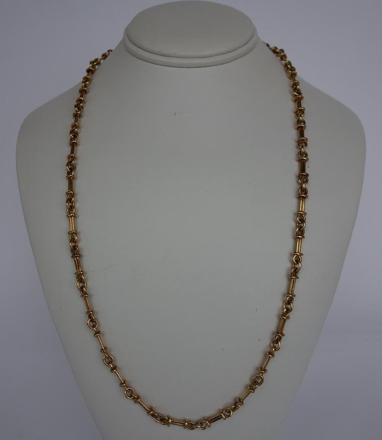 Van Cleef & Arpels 18K Gold Necklace: An 18K gold necklace created by Van Cleef & Arpels, France. One link near the clasp marked VCA 750, serial number B4121R1. The clasp stamped with assay marks. Measures 23" long. Weighs 45.4 grams.