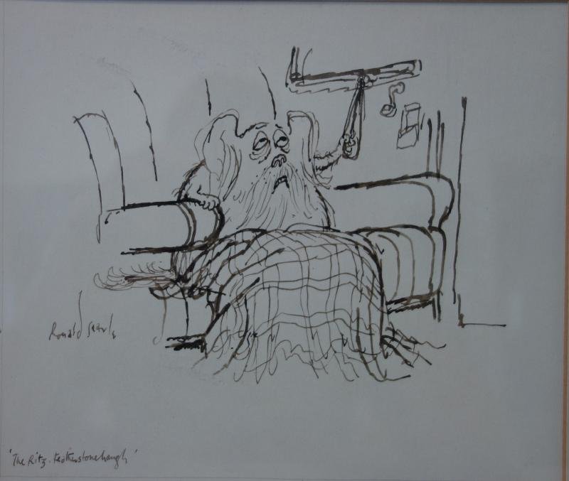 Ronald Searle (1920-2001) The Ritz: Framed ink on paper drawing by British artist and satirical cartoonist. Ronald Searle. Titled "The Ritz, Featherstonehaugh". The drawing measures 6.25" x 7". The framed measurement, 12.25" x 13".
