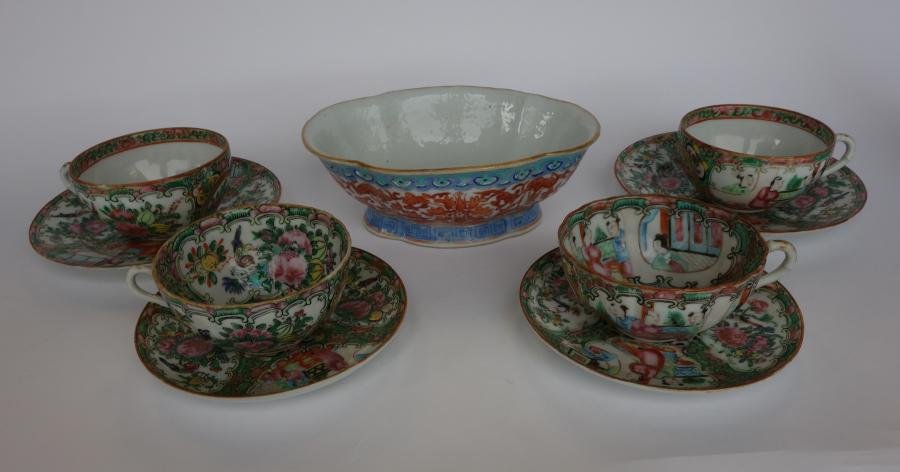 Chinese Tongzhi Porcelain Bowl, Cups & Saucer: A Chinese porcelain lobed bowl measuring 7-3/8" x 5-5/8" x 2.75" high. Signed underfoot with the Tongzhi period (1862-1874) reign mark. Together with four Chinese Rose medallion porcelain cups and sau