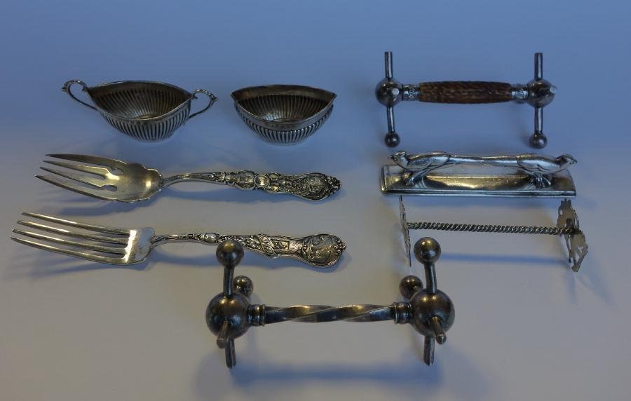 Sterling Souvenir Forks English Salts, Knife Rests: Two sterling California souvenir forks by Mechanics Sterling Company. Together with two English sterling salt cellars, Hallmarks for Birmingham, Cornelius Saunders & Francis Shepard (1890-1930s) and M
