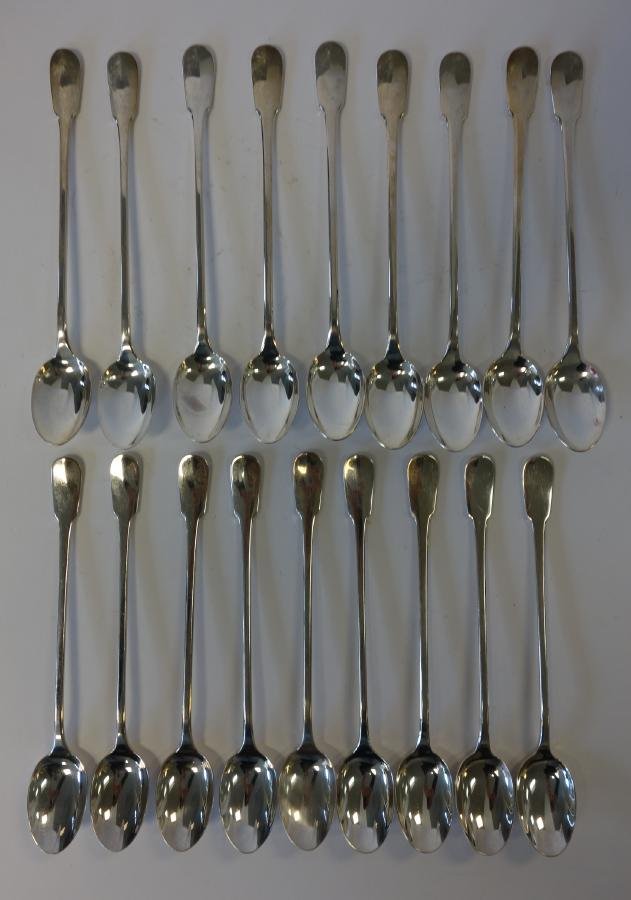 18 Christofle Silverplate Mint Julep Spoons: A set of silverplate mint julep or iced tea spoons by Christofle. Each measuring 7-5/8" long.