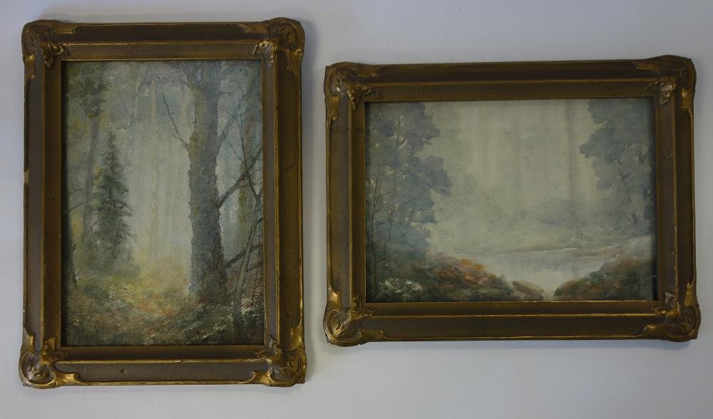 John Marion Crook, 2 Watercolors, Landscapes: Two framed watercolors on paper by Oregon / California artist John Marion Crook (1857-1924). The landscape paintings are both signed R.M. Crook lower left and are housed in their original gilt-wood pi