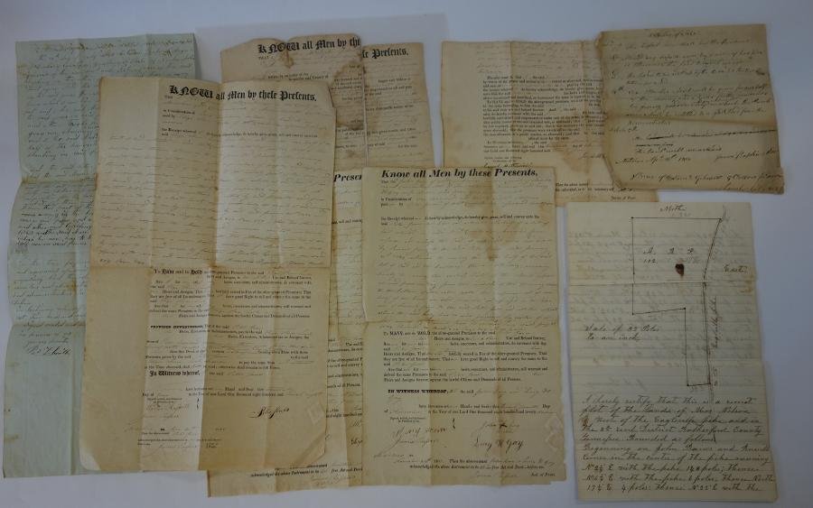 Early 19thc Land Deed Documents: A grouping of eight early 19th century land sale and deed documents, c.1800-1847s. Some beginning, "Know all men by these Presents". Signed Peter Jones, Samuel Butterfield, Chas L. Smith, etc. Beautif