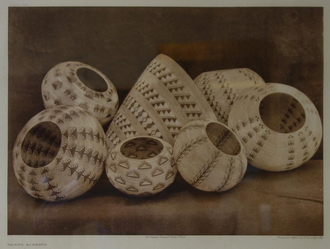 Edward Sheriff Curtis, Washo Baskets Photogravure: Framed photogravure of a 1924 photograph by Edward Sheriff Curtis (1868-1952). Titled "Washo Baskets". Plate #541 from "The North American Indian", "List of Large Plates Supplementing Volume Fifteen" 