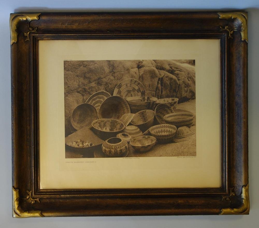 Edward Sheriff Curtis, Yokuts Basket Photogravure: Framed photogravure of a 1924 photograph by Edward Sheriff Curtis (1868-1952). Titled "Yokuts Basketry Designs". Plate #502 from "The North American Indian", "List of Large Plates Supplementing Volume
