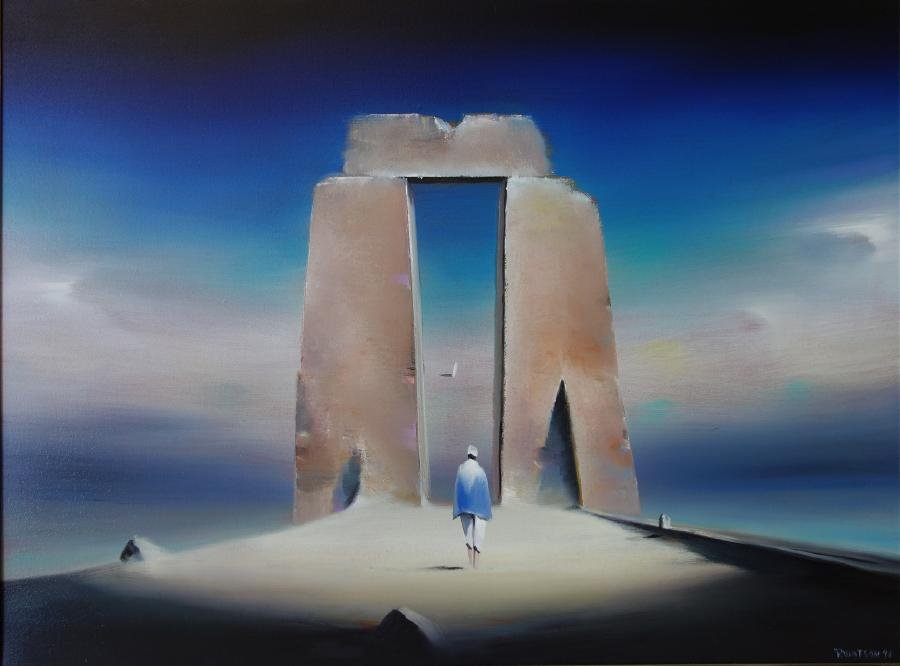 Robert Watson (1923-2004) Oil, Journey's End III: Framed oil on canvas by Robert Watson. The painting is titled "Journey's End III". (From the Monument Series). Signed lower right. Titled on the reverse. Measures 18" x 24". Framed measurement 26.5" x