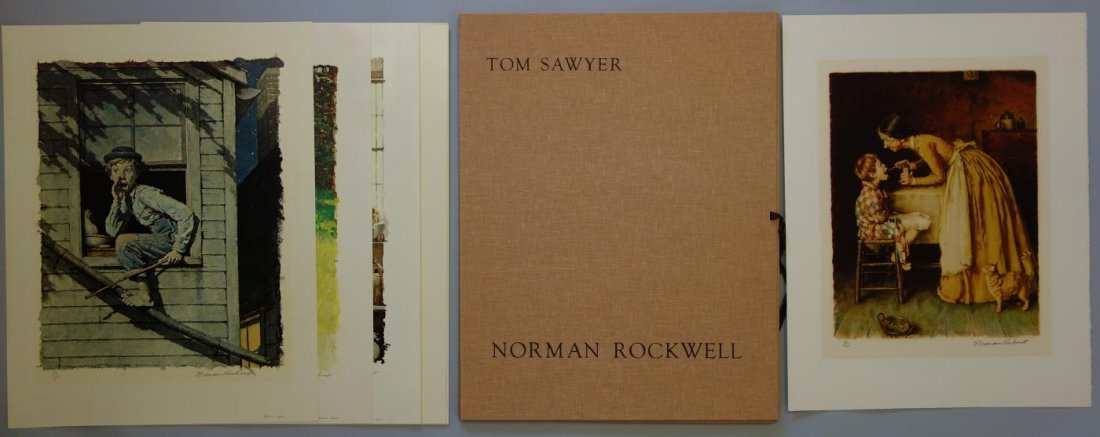 Norman Rockwell, Tom Sawyer Portfolio, Color Editi: A rare Norman Rockwell portfolio. Edition 58/200. Titled "Tom Sawyer Portfolio, The Color Edition" (Based upon incidents in the Mark Twain novel). Print classification: one lithograph and seven collot