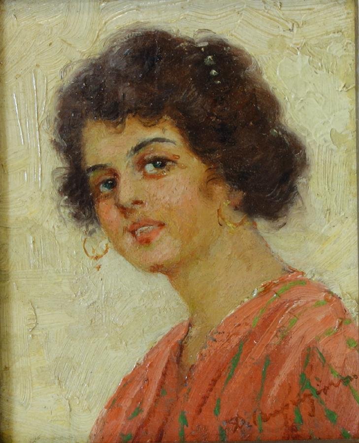 Donatus Buongiorno "Ninetta" Oil on Board: Framed oil on board by Donatus Buongiorno (1865-1935). Signed lower right. The painting depicts the portrait of a young woman "Ninetta" Measures 4.75" x 3-7/8". Framed measurement 9.5" x 8.5".