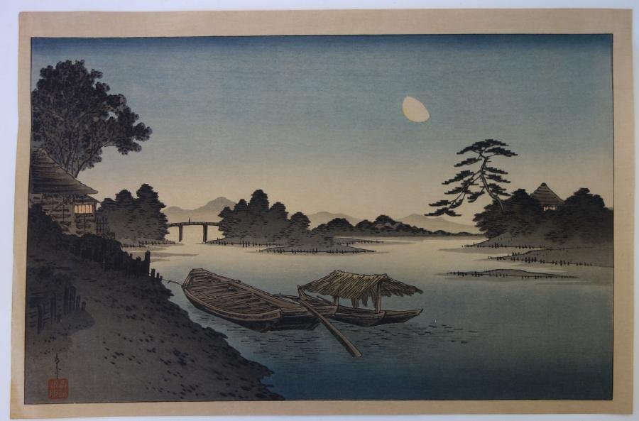 Utagawa Yoshimune II Woodblock, Crescent Moon: A Japanese woodblock print by Utagawa Yoshimune II (1863-1941). Titled "Crescent Moon". Date c.1930s. The sheet measures 15" x 9-7/8". Signed, and with chop / seal marks. Unframed.