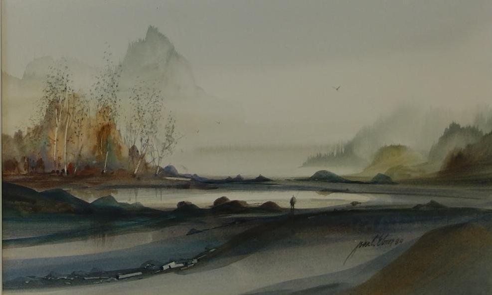 John C. Ebner (1943-) Northwest Coast Watercolor: Framed watercolor by Pacific Northwest artist John C. Ebner (Oregon). The painting depicts a Northwest Coast beach scene. Sight measurement 8.5" x 14". Framed measurement 18" x 24".