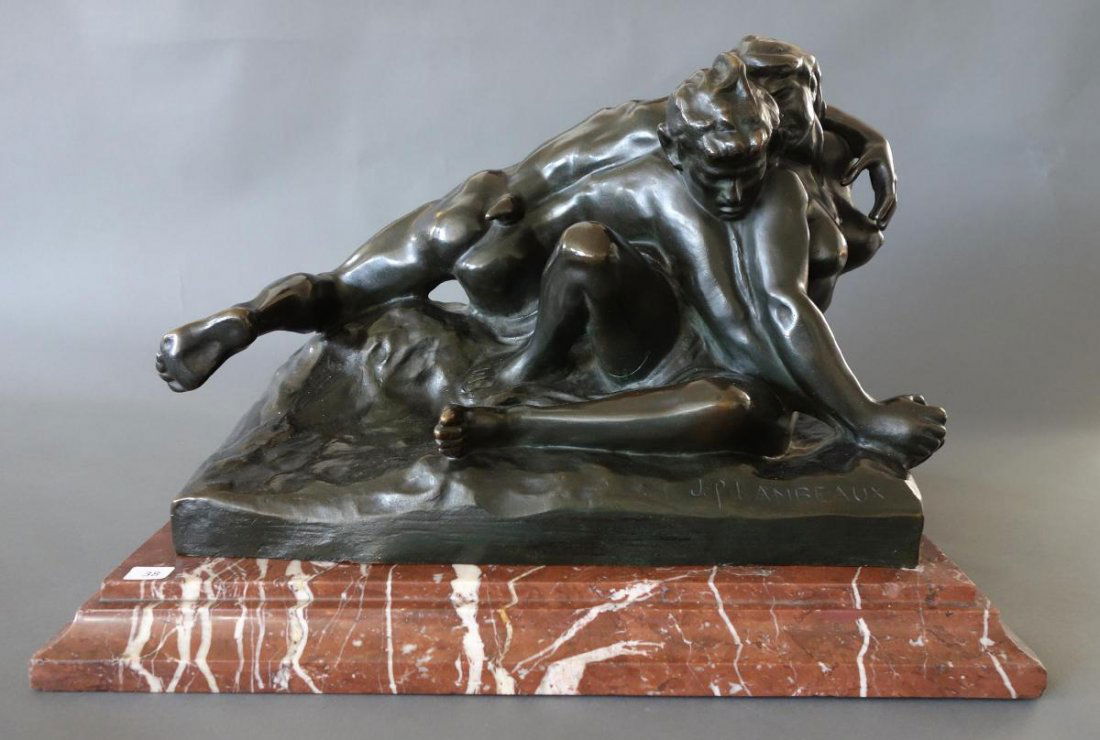 Jef Lambeaux (1852-1908) Bronze, Satyr & Nymph: Bronze Satyr and Nymph Baccanale by Joseph Maria Thomas Lambeaux (1852-1908-Belgian) primarily known as Jef Lambeaux. c.1900. The bronze depicts a nude male satyr in a bacchanale / orgiastic encounter