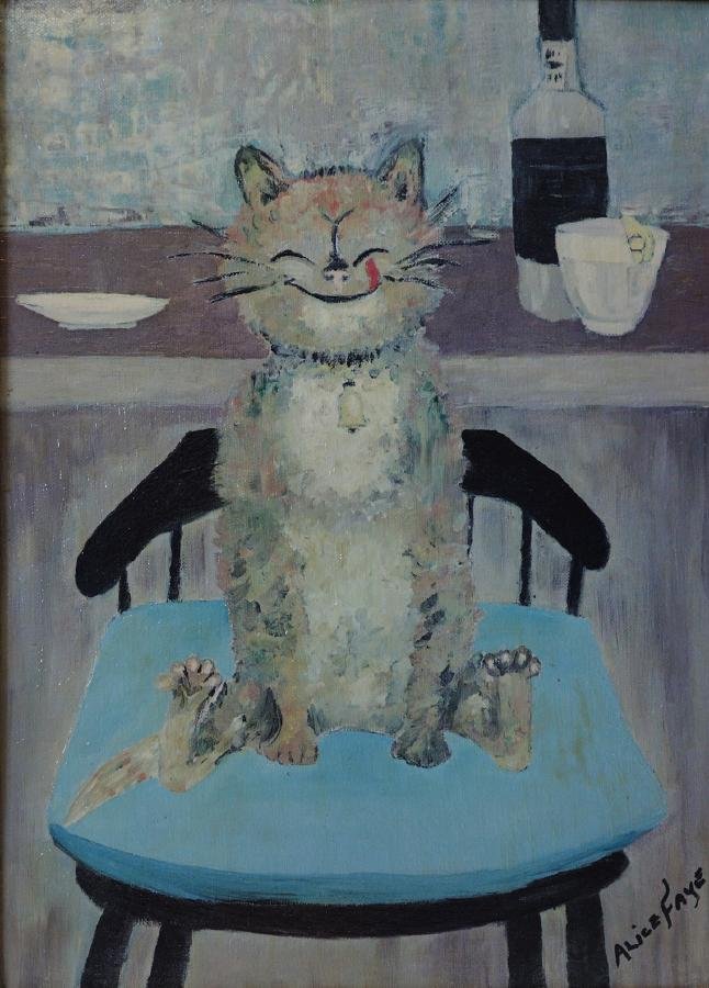 Alice Faye, The Stoned Cat, Oil on Canvas: Framed oil on canvas, by Alice Faye. Label attached to the back titles the painting "The Stoned Cat". Signed lower right. Measures 15" x 11". Framed measurement 20" x 16".