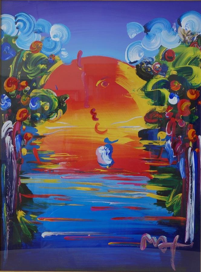 Peter Max (b.1937- ) Better World III, Acrylic: A framed mixed media painting by artist Peter Max (b.1937- ). The painting is titled Better World III and is acrylic and color lithography on paper, signed in acrylic. The sight image measures 23" x 1