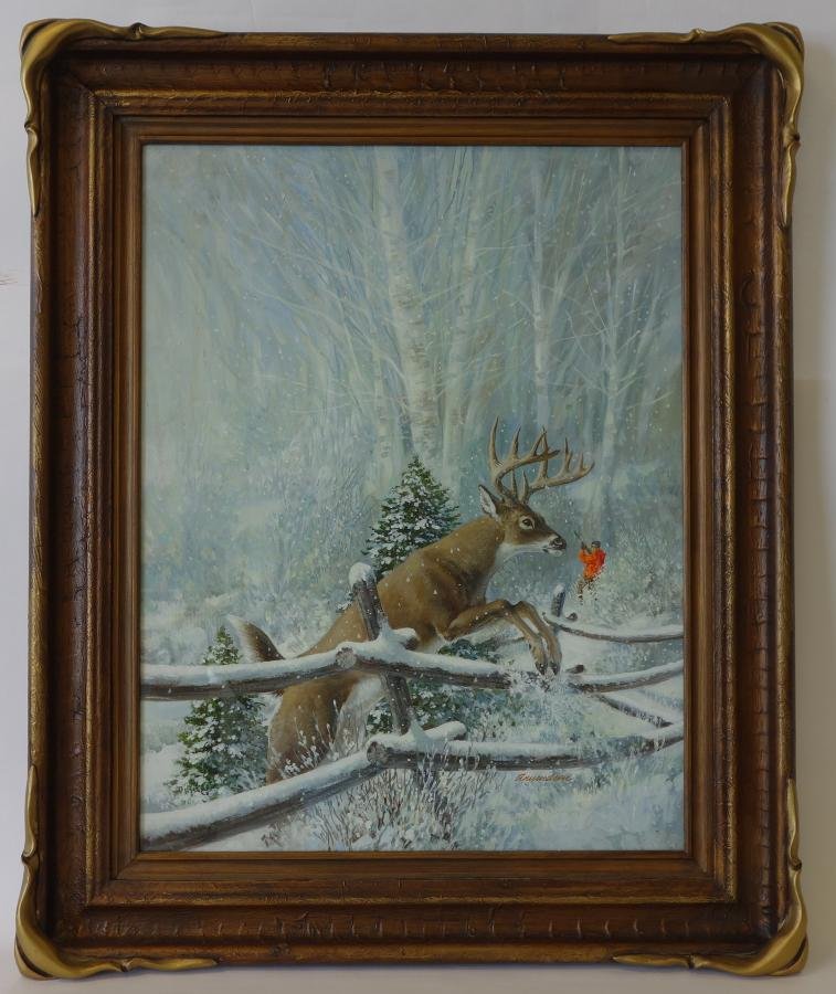 Richard Amundsen (1928-1997) Hunter & Stag: Framed oil by Richard Amundsen (1928-1997-Montana / California). Depicts a winter landscape with a hunter pursuing a leaping stag. Signed by the artist lower right. The image (under-glass) measures 25