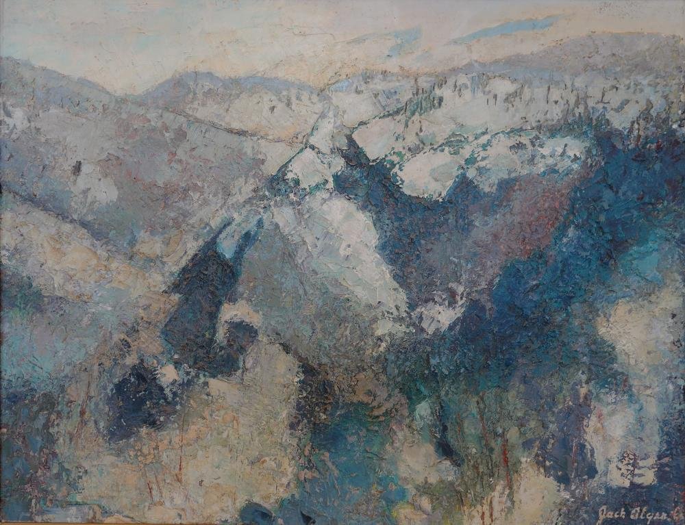 Jack Alger, Northwest Abstract Landscape: Framed abstract oil / acrylic on board by Pacific Northwest artist Jack Alger. The painting depicts a mountain landscape. Signed lower right. Measures 23.25" x 30.25". Framed measurement 30" x 37".