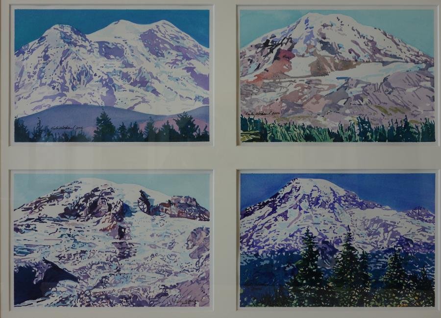 Kesler Woodward (1951- ) Mount Rainier, Watercolor: Framed watercolors by Alaska artist Kesler Woodward. The quartet painting depicts Mt. Rainier in the changing seasons. Each measuring 6.75" x 9.75" and signed and dated 2006, The overall quartet measu