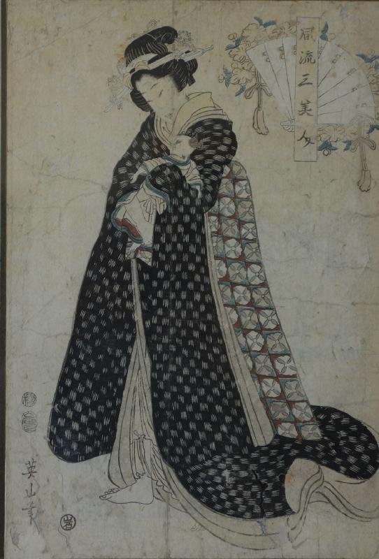 Japanese Woodblock Print, Signed: Japanese Woodblock print. The woodblock depicts a woman cradling her child in her arms. Signed with seal stamps and calligraphy. The image measures 14.5" x 9.75". Framed measurement 22.5" x 14.5". Has