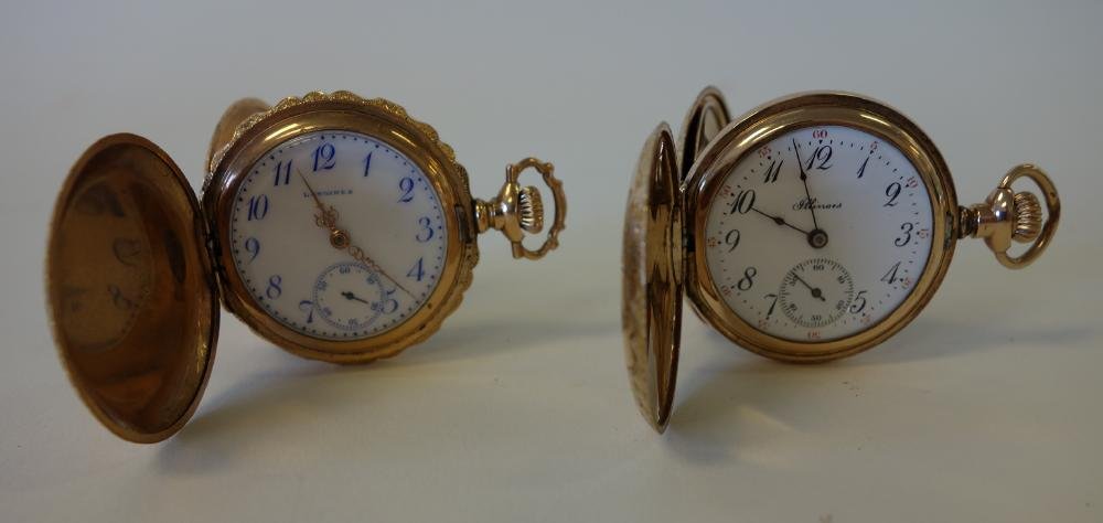 Longines & Illinois Pocket Watches: A Longines pocket watch, movement by H.J. Howe, Syracuse, NY, 15 jewels. Together with a pocket watch by the Illinois Watch Company, Springfield, 15 jewels. Both with hunter style gilt metal cases, et