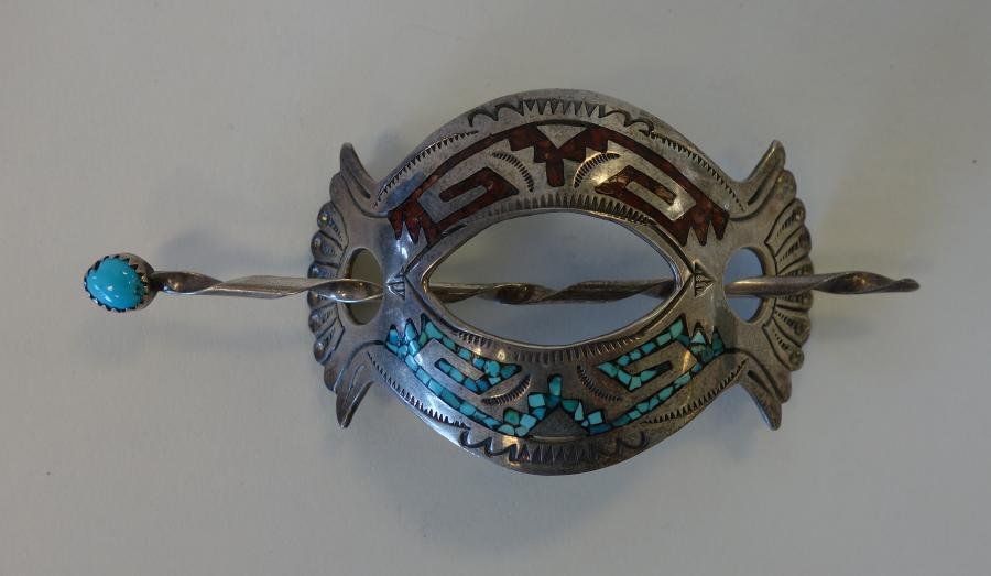 Navajo Sterling, Turquoise & Coral Hair Barrette: A Navajo, Native American sterling pony tail hair barrette. Inset with turquoise and coral. Artist cipher and sterling impressed on the backside. Measures 2.5" long, 1.75" high.
