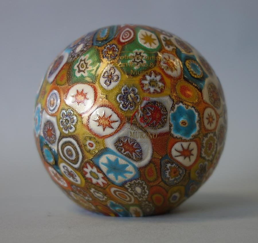 Gambaro & Poggi Millefiori Orb Paperweight: A millefiori art glass paper weight orb formed sculpture by Gambaro & Poggi (Mario Gambaro and Bruno Poggi), Murano, Italy. Measures 3.5" in diameter, 3.25" high. Signed on the underside.
