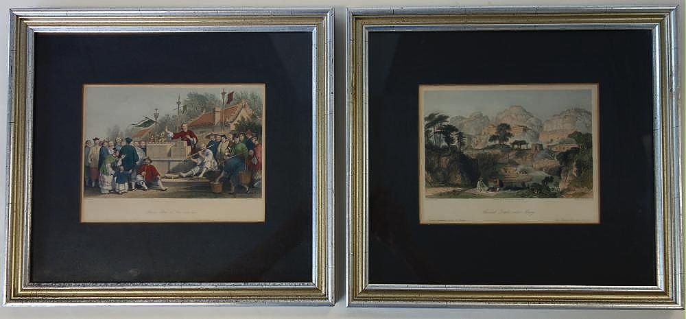 Thomas Allom (1804-1872), 2 Engravings: Two engravings, after drawings by Thomas Allom (1804-1872). Engraved by G. Paterson and W. Le Petit. The first titled "Raree Show at Lin-sin-choo". The second titled "Ancient Tombs near Amoy". Sight m
