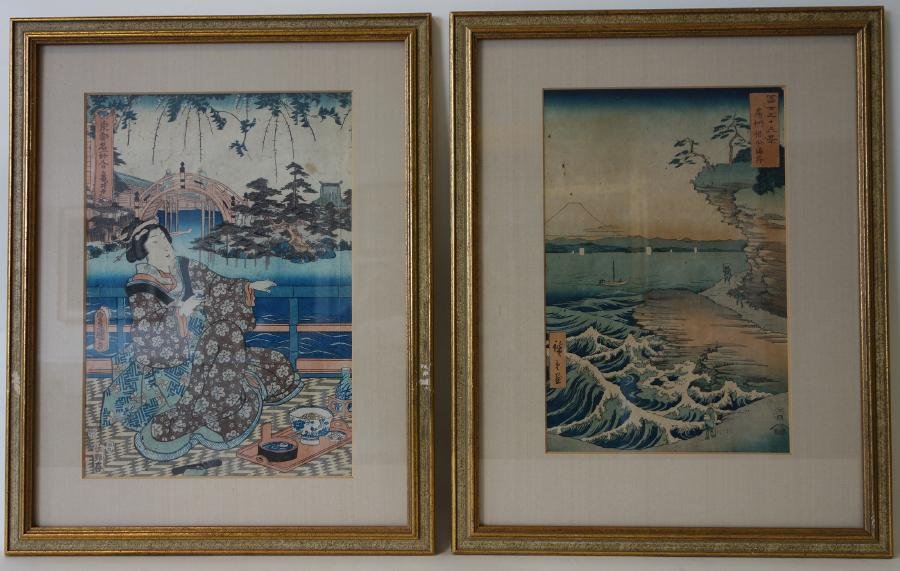 2 Japanese Woodblock Prints, Signed: Two framed Japanese woodblock prints. Both artist signed and with seal stamps. The Geisha print measures 14" x 9.75". The lake landscape measures 13" x 8.5". Framed measurements 19.5" x 15-3/8". Has n