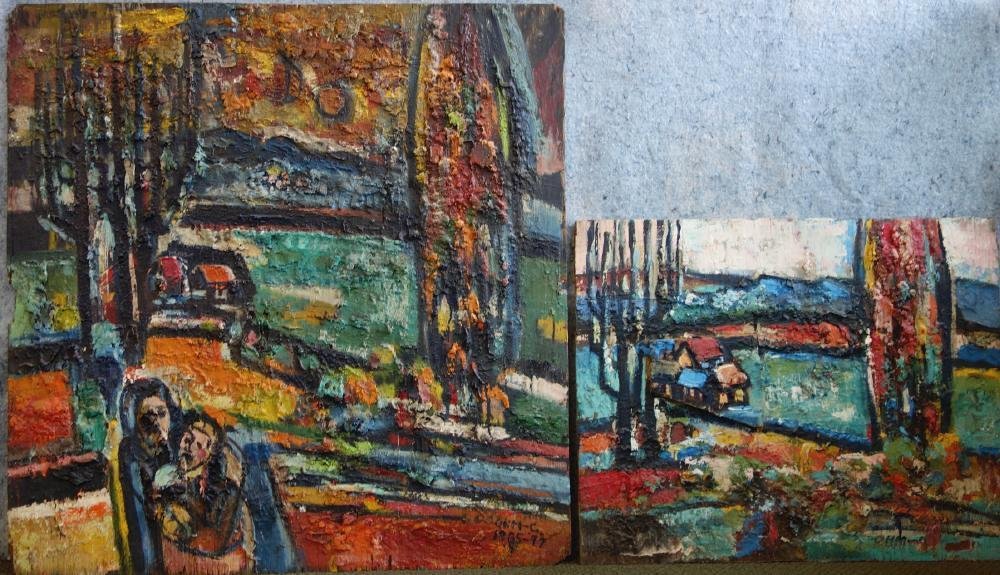 2 Korean Abstract Paintings, Joo Yon Ohm: Two oil and acrylic paintings on plywood by Seattle Korean American artist Joo-Yon Ohm Cederberg. The signed abstract paintings measure 36" x 35" and 22" x 28". A brief bio in Korean is attached to th