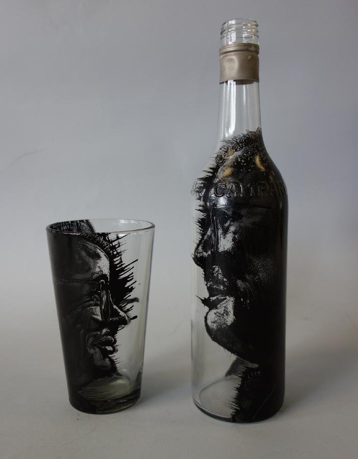 Dick Weiss (1946- ) American Glass Art: Handpainted tumbler and bottle by American glass artist Dick Weiss (1946- Everett, Washington). Weiss is part of the American Studio Glass Movement and a teacher at Pilchuck Glass School, primarily kn