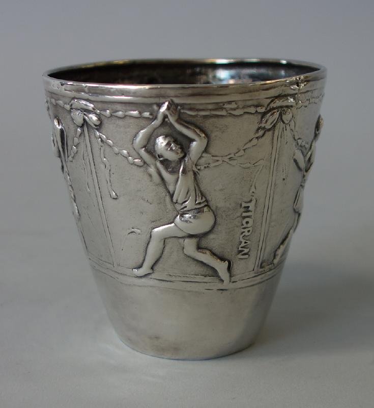 E.F. Caldwell Sterling Cup, Armenian Scene, Tigran: A sterling silver cup, marked on the underside E.F Caldwell & Co, New York, Sterling. (Edward F. Caldwell and Company was one of the premier designers and manufacturers of decorative metalwork from th