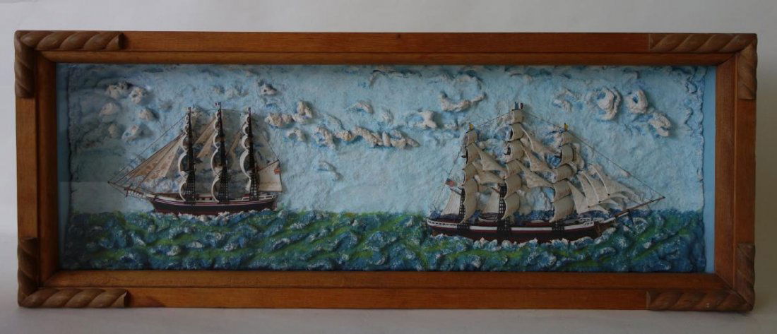 Ship's Diorama, Two Schooners at Sea: A ship's diorama. c. late 19th / early 20th century. Two American three-masted schooners sailing the high seas. The diorama with carved wooden hull, sails, masts, and accoutrements, mounted in a deep