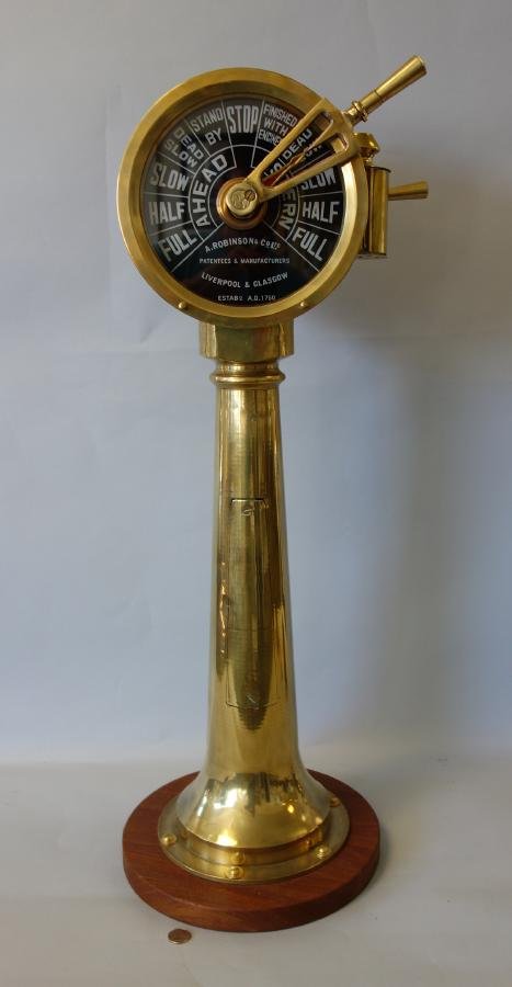 Ship's Engine Order Telegraph, A. Robinson Ltd: An English marine brass nautical ship's engine order telegraph or chadburns. Marked A. Robinson Ltd, Liverpool & Glasgow. Twin faceplates with ship’s commands including Full, Half Slow, Slow and Dea