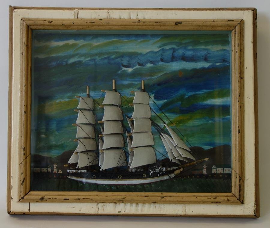 19thc Ship's Diorama, Three Masted Clipper: Framed ship's diorama. c.19th century. 3-masted sailing vessel, set against a painted background sky and a seaport village with lighthouses. Overall measurement 15" x 18' x 2.25" deep.