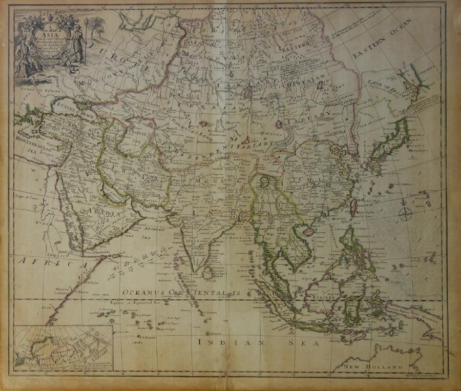 18thc Map of Asia, John Senex, England: Framed English hand-colored engraved map by John Senex "A New Map of Asia" TITLE: A New Map of Asia from the latest Observations Most Humbly Inscrib'd to the Right Honbl. George Earl of Warrington & c