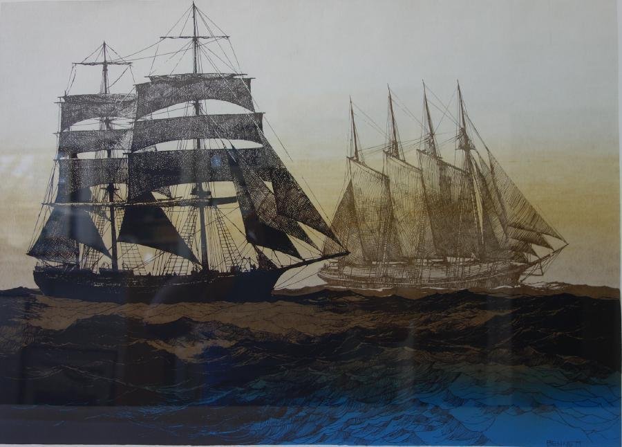 Elton Bennett (1910-1974) Roaring Forties: Framed serigraph by Pacific Northwest artist Elton Bennett (1910-1974). Signed in pencil by Bennett and titled "The Roaring Forties". The sight image measures 17.5" x 23.5". Framed and matted measurem