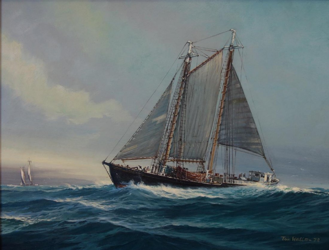 Thomas W. Wells (1916-2004) Oil, "Schooner Teazer": Framed oil on board by acclaimed marine artist Thomas W. Wells (1916-2004). The painting is titled "Schooner Teazer". Measures 14.5" x 18.75". Signed and dated lower right. Framed measurement 20-1/8"