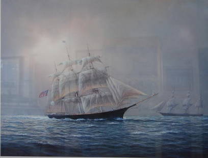 Tim Thompson "Lightning" Clipper Ship: Framed print after the oil painting by Tim Thompson (Timothy H. Thompson). The print is of "Lightning" a Majestic Clipper Ship, and is pencil signed by the artist. Published by Mystic Seaport