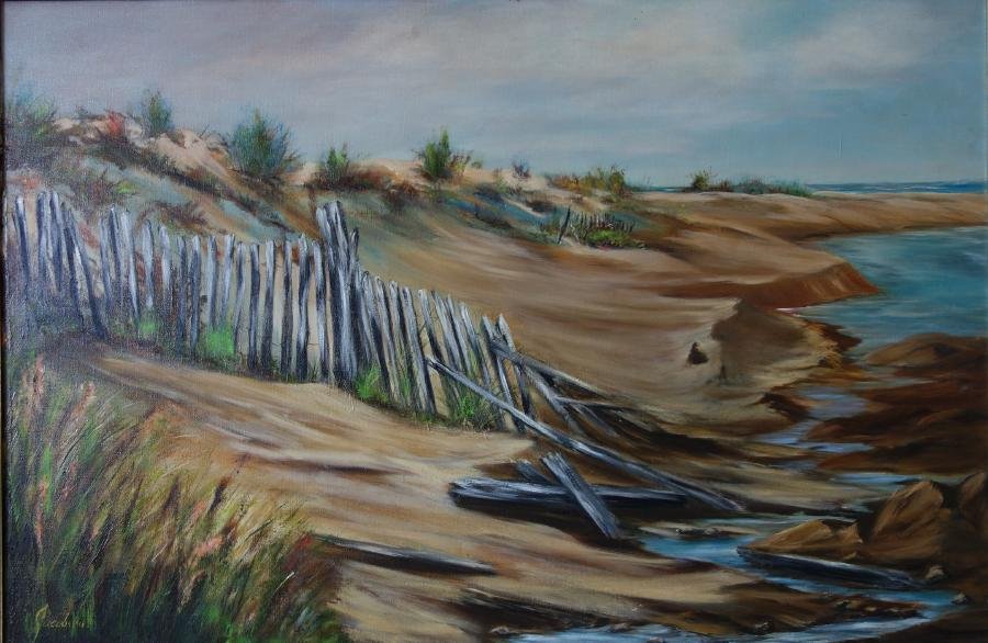 Jo Jacobsen, "Sandy Dunes" Oil on Canvas: Framed oil on canvas by Seattle artist Jo Jacobsen. The seascape painting depicts windswept dunes at the ocean. Signed lower left. Measures 24" x 36". Framed measurement 29" x 41.25"
