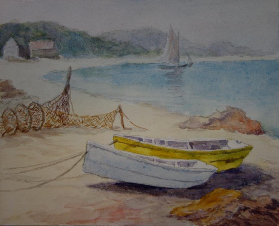 William Steeple Davis (1884-1961) Fisherman's Cove: Watercolor on cardboard by well listed American artist William Steeple Davis (1884-1961). The painting is titled Fisherman's Cove. Overall measurement 5" x 6". Unframed. Signed on the back, W.S. Davis