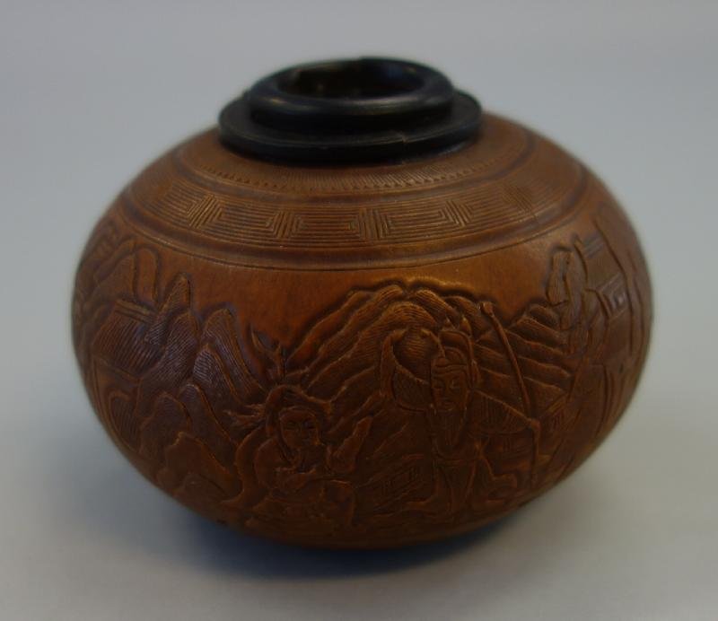 Chinese Molded Figural Cricket Cage: A fine Chinese molded gourd cricket cage / box. Figural decoration depicting male and female figures at work and play within a landscape village setting. Geometric and lotus leaf bands at top and bott